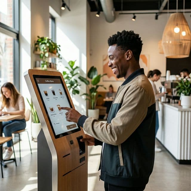 Cliente feliz usando Kiosco Tekus